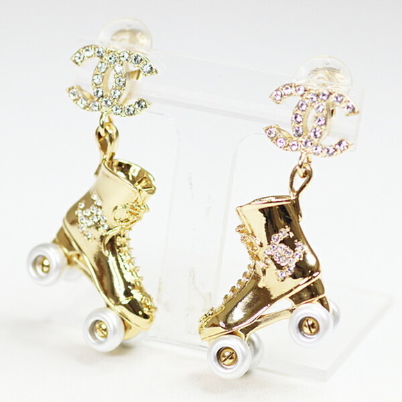 Chanel Roller Skate Earrings Metal Strass Gold/Silver C24C Coco Mark - Picture 1 of 6